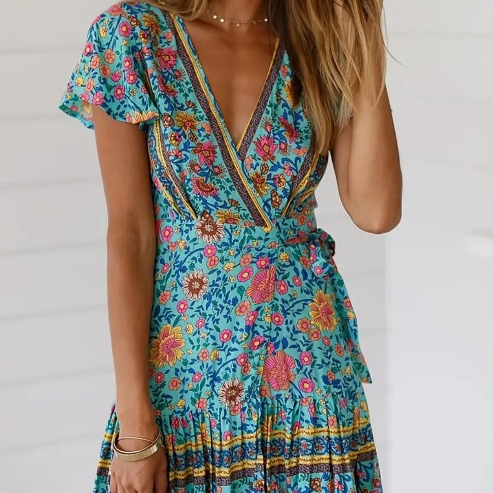 SHIBEVER  Boho Floral Print V Neck Dress, Sexy Summer Casual Every Day Dress